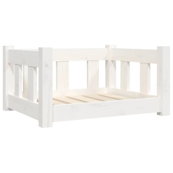 Weißes Holz-Haustierbett mit slatted Basis und offenen Seiten, entworfen für kleine bis mittelgroße Haustiere.