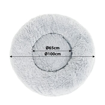 Rundes, flauschiges graues Haustierbett mit abgemessenen Dimensionen: Ø65cm für den inneren Kreis und Ø100cm für den äußeren Kreis.
