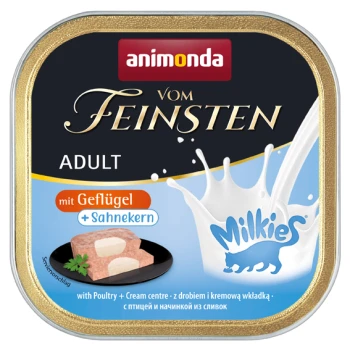 Animonda Vom Feinsten Adult Hundefutterdose, mit einer cremigen Geflügelmitte, mit sichtbarem Text, der 'mit Geflügel + Sahnekern' angibt.