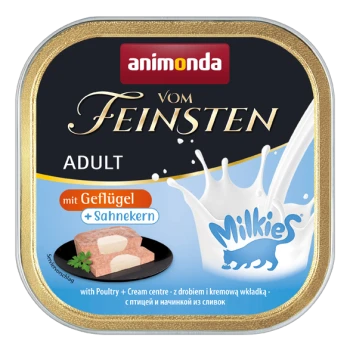 Animonda Vom Feinsten Adult Hundefutterdose, mit einer cremigen Geflügelmitte, mit sichtbarem Text, der 'mit Geflügel + Sahnekern' angibt.