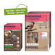 Zwei Premiere-Vogelfutterboxen: links mit 'Ich liebe meinen Garten' Beerenbällen, rechts mit 'mit Beeren Knödel' und einem Gimpel. Grünes Banner darüber.