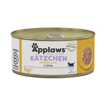 Nassfutter Kitten in Gelee Huhn 24x70 g Applaws natürliche Katzenfutterdose, beschriftet mit 'Kätzchen Hähnchen in Gelee', 70g, geeignet für Kätzchen bis zu 12 Monaten, mit einer Katzensilhouette.