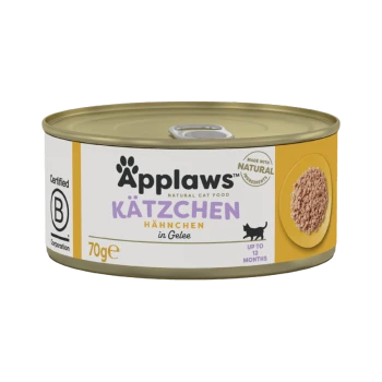 Applaws natürliche Katzenfutterdose, beschriftet mit 'Kätzchen Hähnchen in Gelee', 70g, geeignet für Kätzchen bis zu 12 Monaten, mit einer Katzensilhouette.