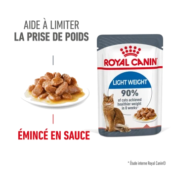 Pochette de nourriture pour chat Royal Canin Light Weight avec une assiette de nourriture hachée dans une sauce, le texte met en avant les avantages de la gestion du poids.