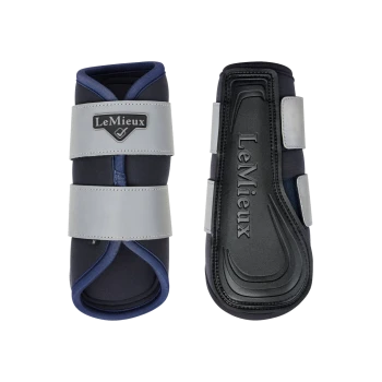 LeMieux Pferdeboots in Marineblau und Grau, mit verstellbaren Riemen und einer schützenden Außenschale, aus zwei Blickwinkeln präsentiert.