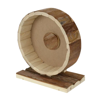 Holz-Laufrad für kleine Haustiere, mit natürlicher Holzoberfläche und stabiler Basis, entworfen für sichere und unterhaltsame Aktivitäten.