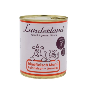 Dosen-Hundefutter mit der Aufschrift "boos Rindfleisch Menü", mit einem weißen und blauen Design und dem Text "Ergänzungsfuttermittel für Hunde."