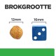 Afbeelding die de grootte van huisdiervoerpellets (12mm) vergelijkt met een blauwe dobbelsteen (16mm), gelabeld 'BROKGROOTTE' bovenaan.