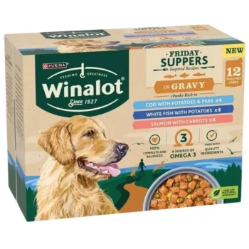 Winalot dog food box featuring a golden retriever, labeled "Friday Suppers in Gravy," includes 12 pouches with flavors: cod, white fish, and salmon.