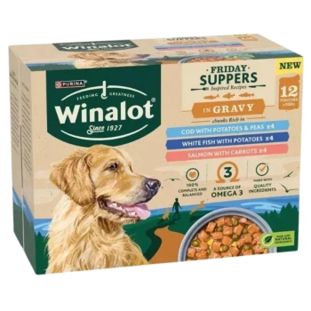 Winalot dog food box featuring a golden retriever, labeled "Friday Suppers in Gravy," includes 12 pouches with flavors: cod, white fish, and salmon.
