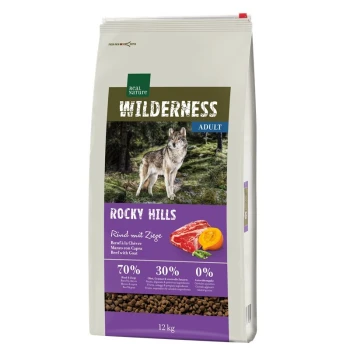 WILDERNESS Rocky Hills Rind & Ziege 12 kg Hundefutterbeutel "Wilderness Adult Rocky Hills" mit einem Wolf im Wald; 70% Fleisch, 30% Früchte/Gemüse, 0% Getreide.