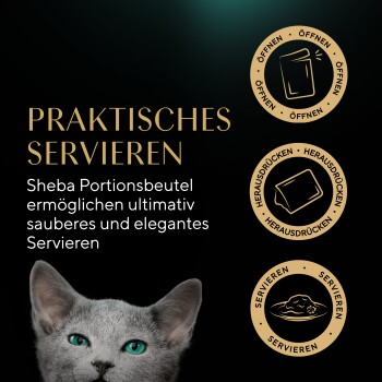 Graue Katze mit grünen Augen neben einem Text über Sheba-Portionsbeutel für eine saubere und elegante Servierung, mit Symbolen zum Öffnen und Servieren.