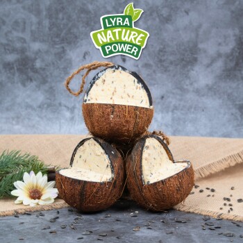 Drei Vogelfutterspender aus Kokosnussschalen, gefüllt mit Samen, auf einem Jutesack gestapelt, mit einer Blume und Grünpflanzen in der Nähe; das Logo "LYRA NATURE POWER" darüber.