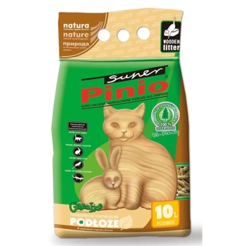 Super Pinio Natural 10 l Grüne Tasche mit Suner Pinio Holzstreu für Haustiere mit Cartoon-Hasen-Design, orangefarbenen Akzenten, beschriftet mit "10L" und "natürlicher Holzduft."