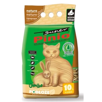 Grüne Tasche mit Suner Pinio Holzstreu für Haustiere mit Cartoon-Hasen-Design, orangefarbenen Akzenten, beschriftet mit "10L" und "natürlicher Holzduft."