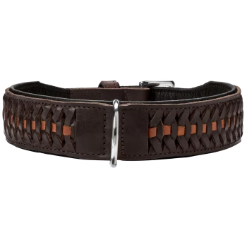 Brauner Leder-Haustierhalsband mit gewebtem Design und orangefarbenen Akzenten, mit einer silbernen Schnalle und verstellbarem Riemen.