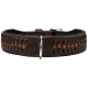 Brauner Leder-Haustierhalsband mit gewebtem Design und orangefarbenen Akzenten, mit einer silbernen Schnalle und verstellbarem Riemen.