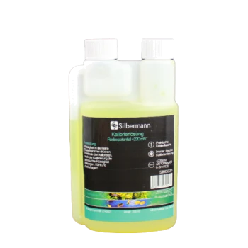 Silbermann Kalibrierlösung Flasche, gelbe Flüssigkeit, mit schwarzem Etikett, das die pH-Kalibrierung, Radiopotential +220 mV, 250 ml beschreibt.