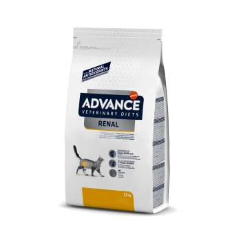 Alimentation pour chats Advance Veterinary Diets Renal, sac de 1,5 kg, présentant une silhouette de chat gris et des affirmations soutenant la santé rénale.