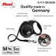 Black flexi dog leash with ergonomic grip, sturdy tape, and comfortable braking system; suitable for dogs up to 25kg, 5m length.