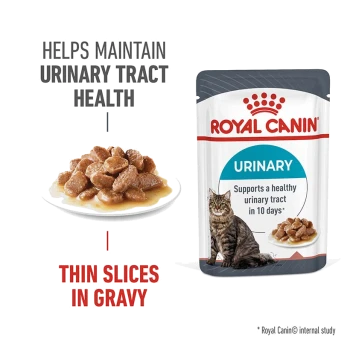 Royal Canin Urinary cat food pouch with a plate of thin slices in gravy, promoting urinary tract health in 10 days.