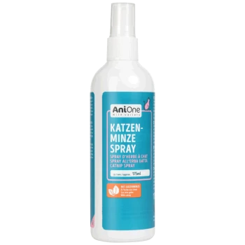 AniOne Katzenminze Spray Katzenminze-Sprühflasche, 175ml, blaues Etikett mit Katzen-Symbol und mehrsprachigem Text.