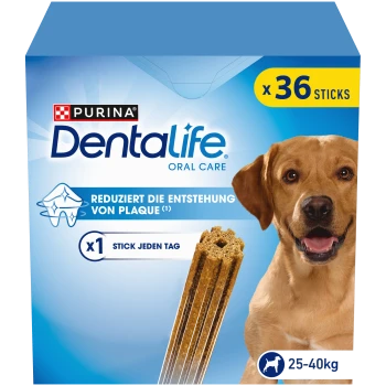 Purina Dentalife Oral Care Hundesnack-Box mit 36 Sticks, reduziert Plaque, für Hunde von 25-40 kg, deutscher Text.