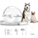 Eine weiße Haustierpflege-Maschine mit einer transparenten Kuppel, umgeben von einem sibirischen Husky und einer Siamkatze, zusammen mit Pflegeaufsätzen.