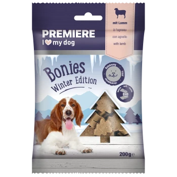 Premiere I Love My Dog Bonies Winter Edition Hundeleckerlis mit Lamm, 200g Verpackung mit einer verschneiten Landschaft und einem Hund.