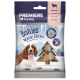 Friandises pour chiens Premiere I Love My Dog Bonies Édition Hiver avec de l'agneau, emballage de 200g présentant un paysage enneigé et un chien.