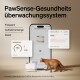 PawSense Gesundheitsüberwachungssystem mit einer Smartphone-App, die Daten zur Wasseraufnahme anzeigt, einem Wasserbrunnen und einer Katze.
