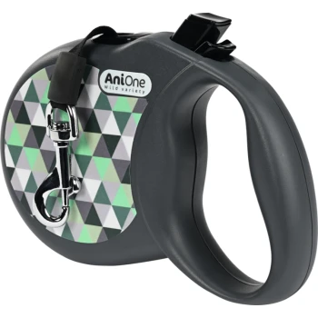 Retractable dog leash with a black handle and colorful geometric pattern of green, gray, and white triangles; "AniOne wild variety" logo visible.