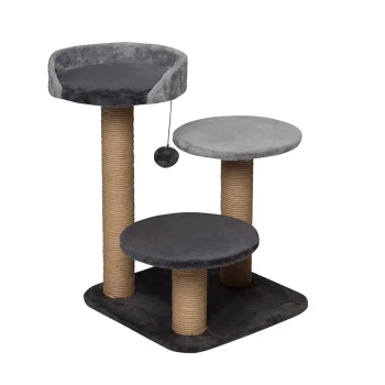 Kratzbaum TREND MULLBERRY Grauer Katzenbaum mit zwei Plattformen und einem gemütlichen oberen Platz, der ein hängendes Spielzeug und mit Sisal umwickelte Kratzpfosten hat.