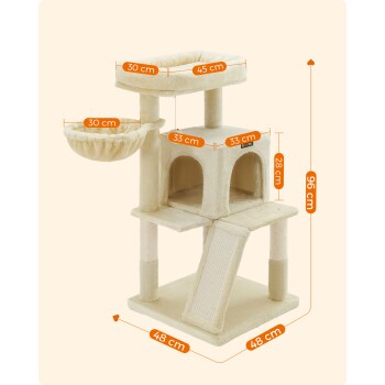 Katzenbaum mit mehreren Ebenen, mit einer gemütlichen oberen Liegefläche (45 cm), einer Hängematte (30 cm) und Kratzpfosten, Maße 96 cm hoch und 48 cm breit.