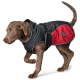 Ein brauner Hund trägt einen schwarzen und roten wasserdichten Mantel mit Kapuze, mit einem Logo an der Seite, und geht im Freien.