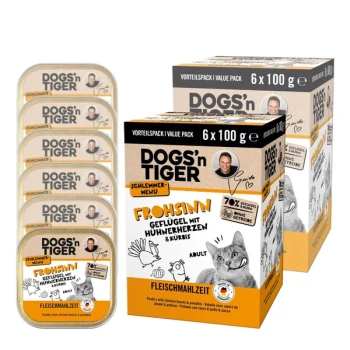DOGS'n TIGER Katzenfutter-Vorteilspack 6×100 g — Frohsinn (Geflügel mit Hühnerherzen & Kürbis), Katzenbild