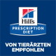 Hill's Prescription Diet Logo auf blauem Hintergrund mit Text 'PRESCRIPTION DIET' und 'VON TIERÄRZTEN EMPFOHLEN'.