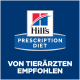 Hill's Prescription Diet Logo auf blauem Hintergrund mit Text 'PRESCRIPTION DIET' und 'VON TIERÄRZTEN EMPFOHLEN'.