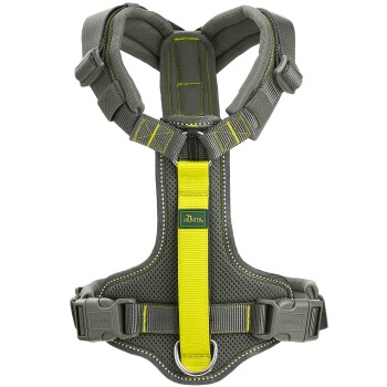 Grau gepolstertes Mesh-Hundegeschirr mit neon­gelbem Mittelgurt, Metall-D-Ring und Etikett "HUNTER".