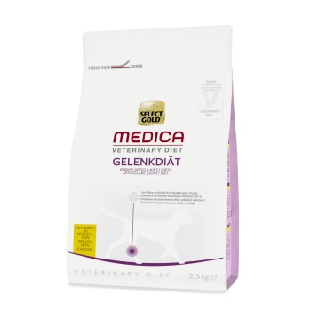Medica Régime articulaire Poulet 2,5 kg Sac blanc de Select Gold Medica Veterinary Diet Gelenkdiät, 2,5 kg, pour la santé des articulations des animaux de compagnie, avec une silhouette de chat et une fermeture éclair fraîche.
