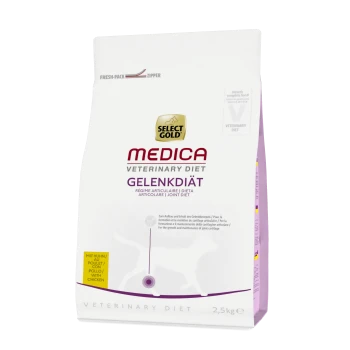 Sac blanc de Select Gold Medica Veterinary Diet Gelenkdiät, 2,5 kg, pour la santé des articulations des animaux de compagnie, avec une silhouette de chat et une fermeture éclair fraîche.