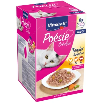 Vitakraft Poesie Katzenfutterbox mit einer weißen Katze, beschriftet "Zarte Auswahl", mit Nassfutter und den Angaben "zuckerfrei, getreidefrei".