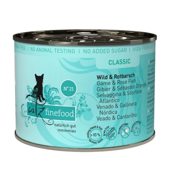 Nassfutter Katze Classic Adult No. 21 Wild und Rotbarsch 6x200 g Dose "Catz Finefood Classic" Katzenfutter, Geschmacksrichtung "Wild & Rotbarsch", mit Angaben: getreidefrei, keine Tierversuche, 93% Fleisch.