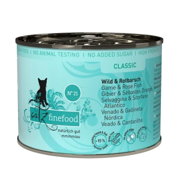 Dose "Catz Finefood Classic" Katzenfutter, Geschmacksrichtung "Wild & Rotbarsch", mit Angaben: getreidefrei, keine Tierversuche, 93% Fleisch.