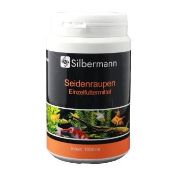 Behälter mit Silbermann Seidenraupen Fischfutter, 1000 ml, mit bunten Fischen und Wasserpflanzen auf dem Etikett.