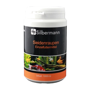 Behälter mit Silbermann Seidenraupen Fischfutter, 1000 ml, mit bunten Fischen und Wasserpflanzen auf dem Etikett.
