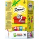 Dreamies Katzenleckerliverpackung mit einer verspielten Katze, die in eine "SEASON of GOODIES" Geschenkbox greift und bunten Leckerli-Päckchen.