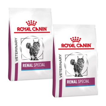 Zwei Säcke Royal Canin Veterinary Renal Special Katzenfutter, mit einer Illustration einer grauen getigerten Katze und dem Markenlogo.