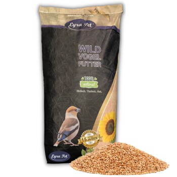 Eine Tüte Lyra Pet Wild Vogel Futter mit einer Vogelillustration, "100% natürlich," und "10 Jahren Beste Qualität," neben Samen.