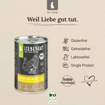 LIEBESGUT-Hundefutterdose mit dem Text 'Weil Liebe gut tut.' und 'Bio-Pute für Welpen.'